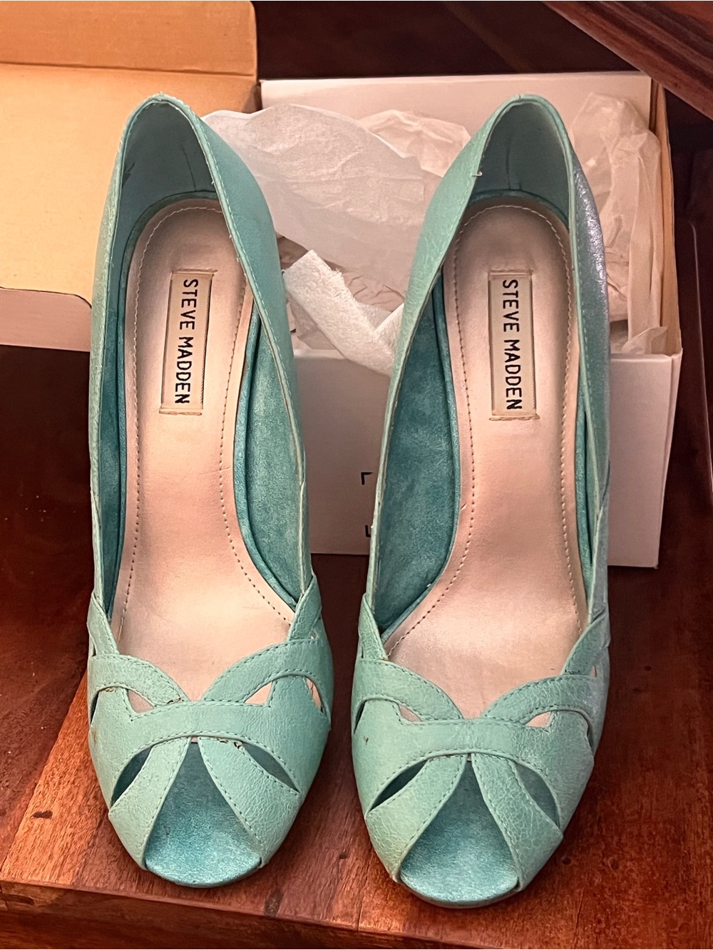 vintage steve madden debonair turquoise open tow pump size 8.5